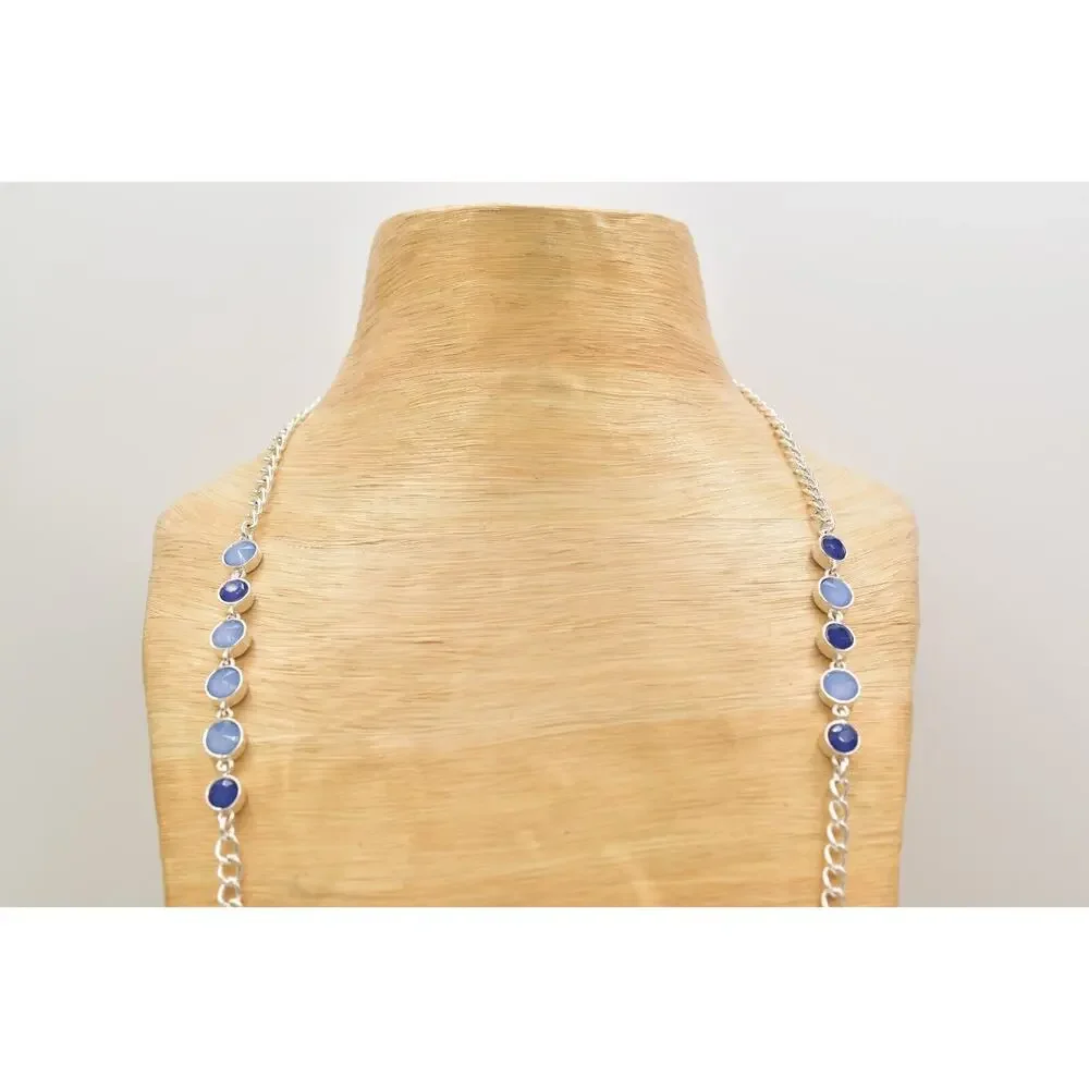 Vintage Station Chain Necklace Sky Blue Crystal Silver Tone Long Y2K BinBJ